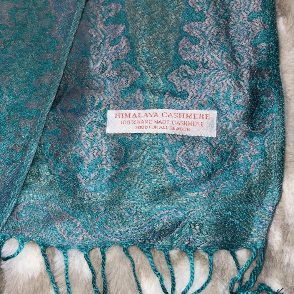 VTG 100%‎ Himalaya Cashmere Scarf Hand Made Delicate Fringe Detailing Turquoise